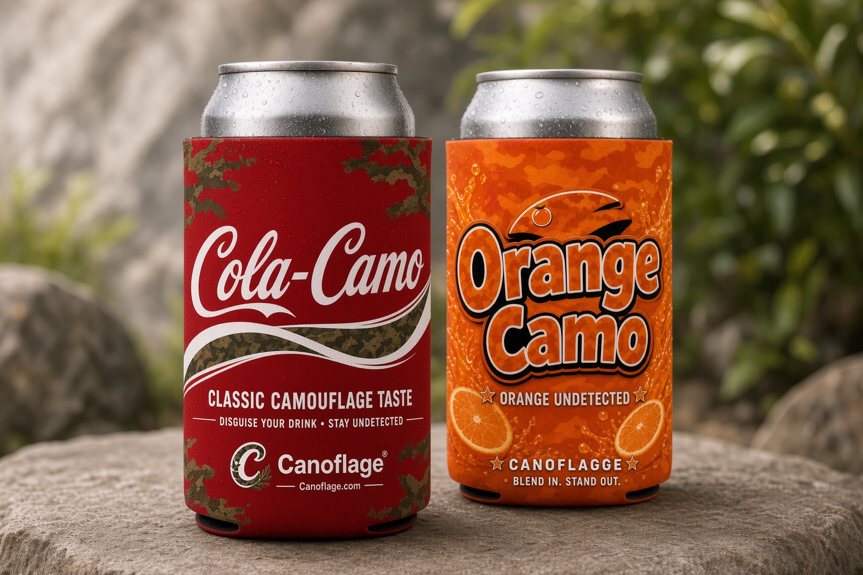 A camouflage cooler disguising a can as cola, beside an orange soda drink can.